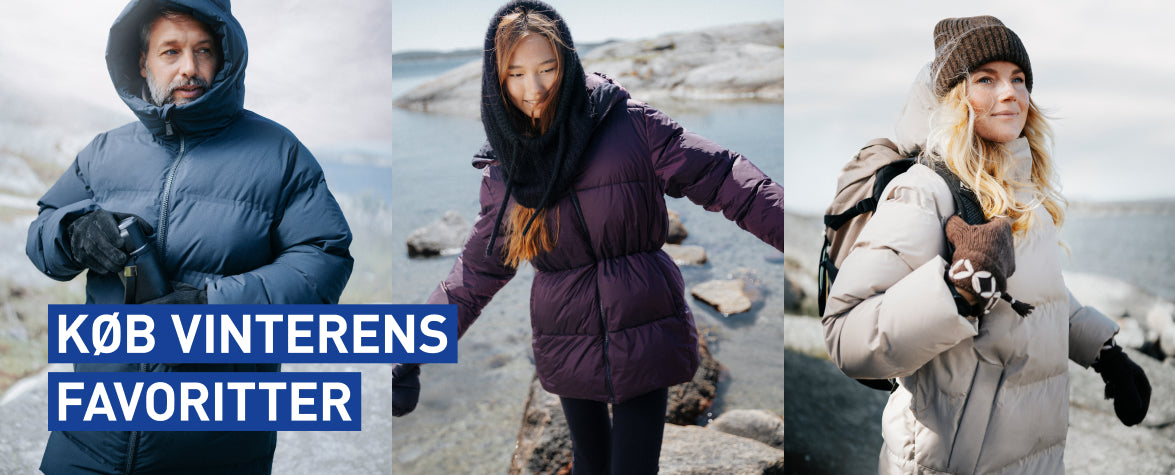 Trehjernet billede af tre personer i varme vinterjakker ved kysten med tekst 'KØB VINTERENS FAVORITTER'