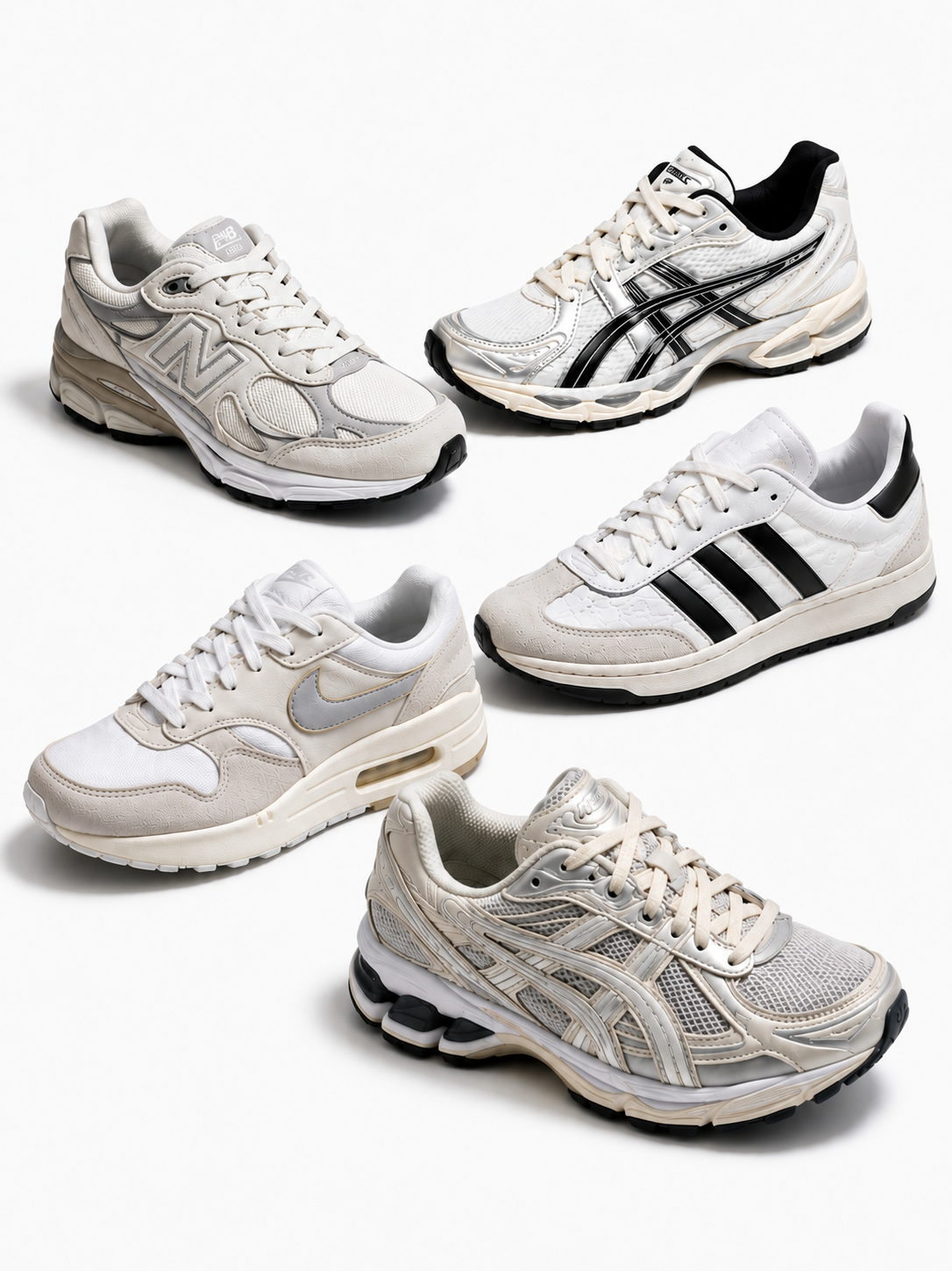 Fem hvide og lyse sneakers fra forskellige mærker arrangeret på hvid baggrund