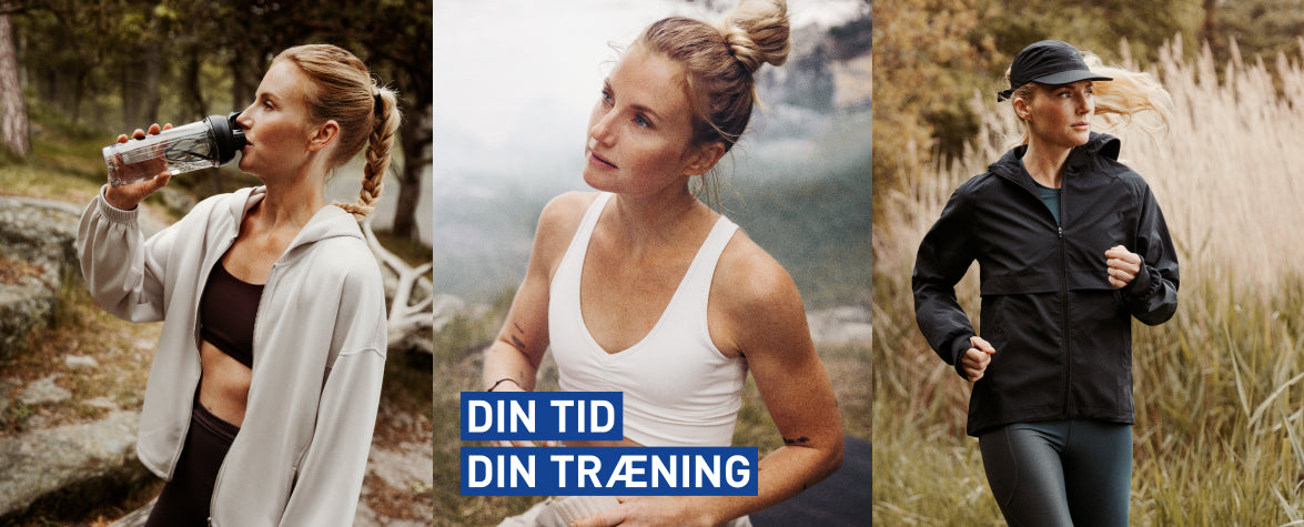 Tre billeder af en kvinde i træningstøj udendørs: drikker vand, hviler og løber i naturen