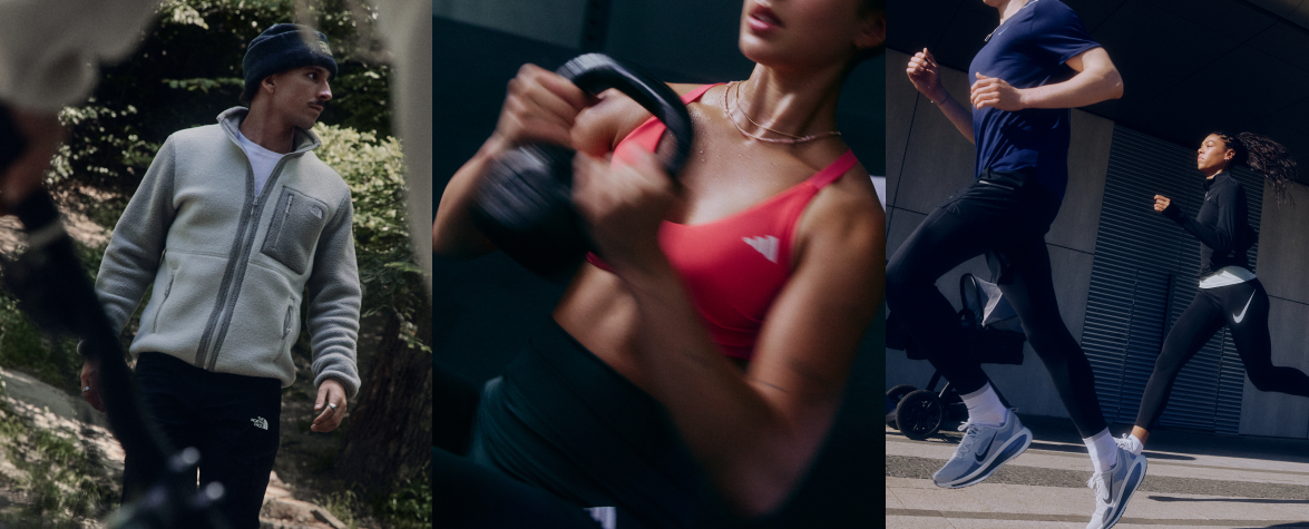 Tre-panel billede: mand i udendørs jakke i skov, kvinde løfter kettlebell i center, to personer løber ved bymur til højre